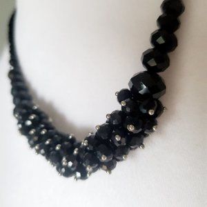 Y2K Sparkly Black Clustered Faceted Beads Necklace Silvertone Accent Holiday